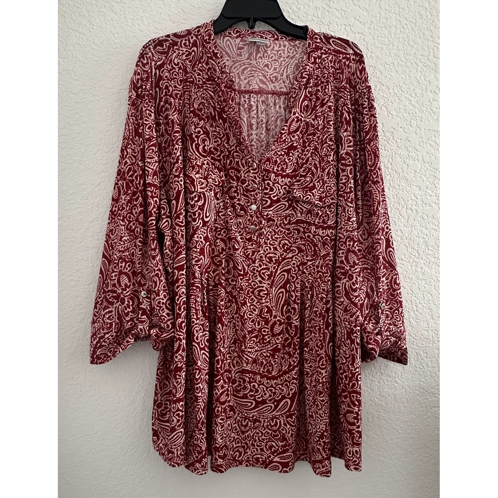 Avenue Boho Tunic Top Sz 30/32 Red Paisley V Neck L/S Lightweight Flowy‎ Office
